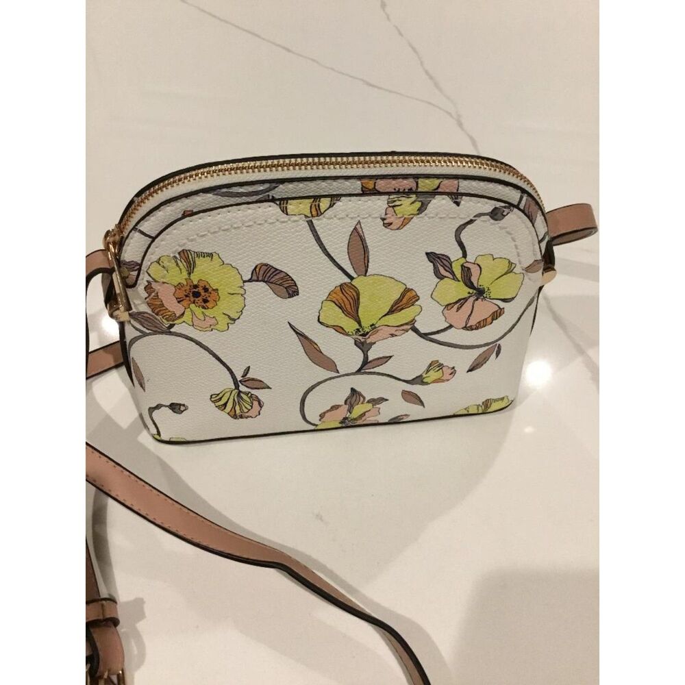 A New Day Floral Print Dome Crossbody Bag Faux Leather Zipper Closure